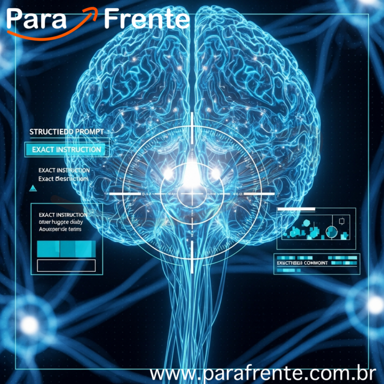 Interface de inteligência artificial mostrando fluxo de instruções precisas com padrões de rede neural iluminados em tons de azul e ciano