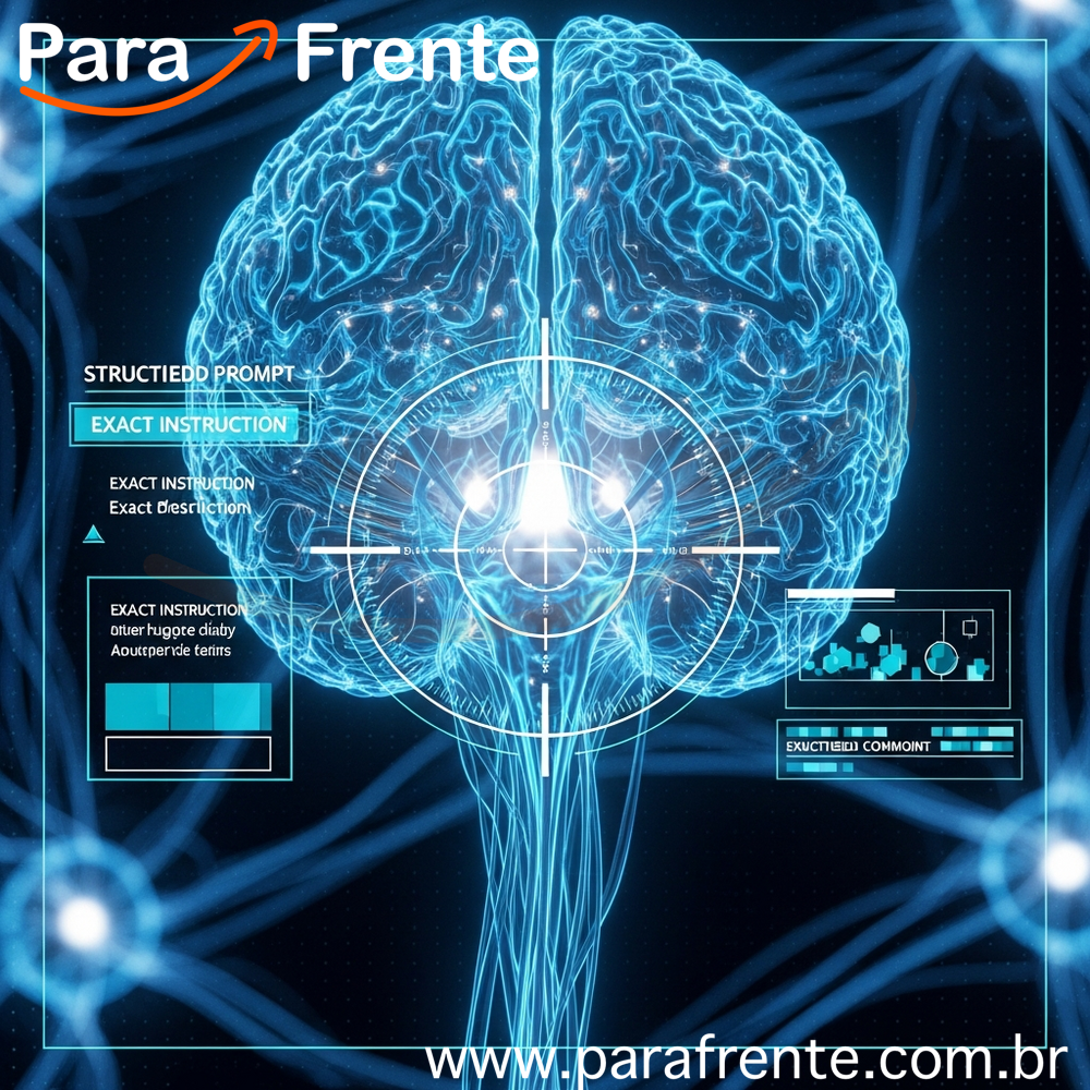 Interface de inteligência artificial mostrando fluxo de instruções precisas com padrões de rede neural iluminados em tons de azul e ciano