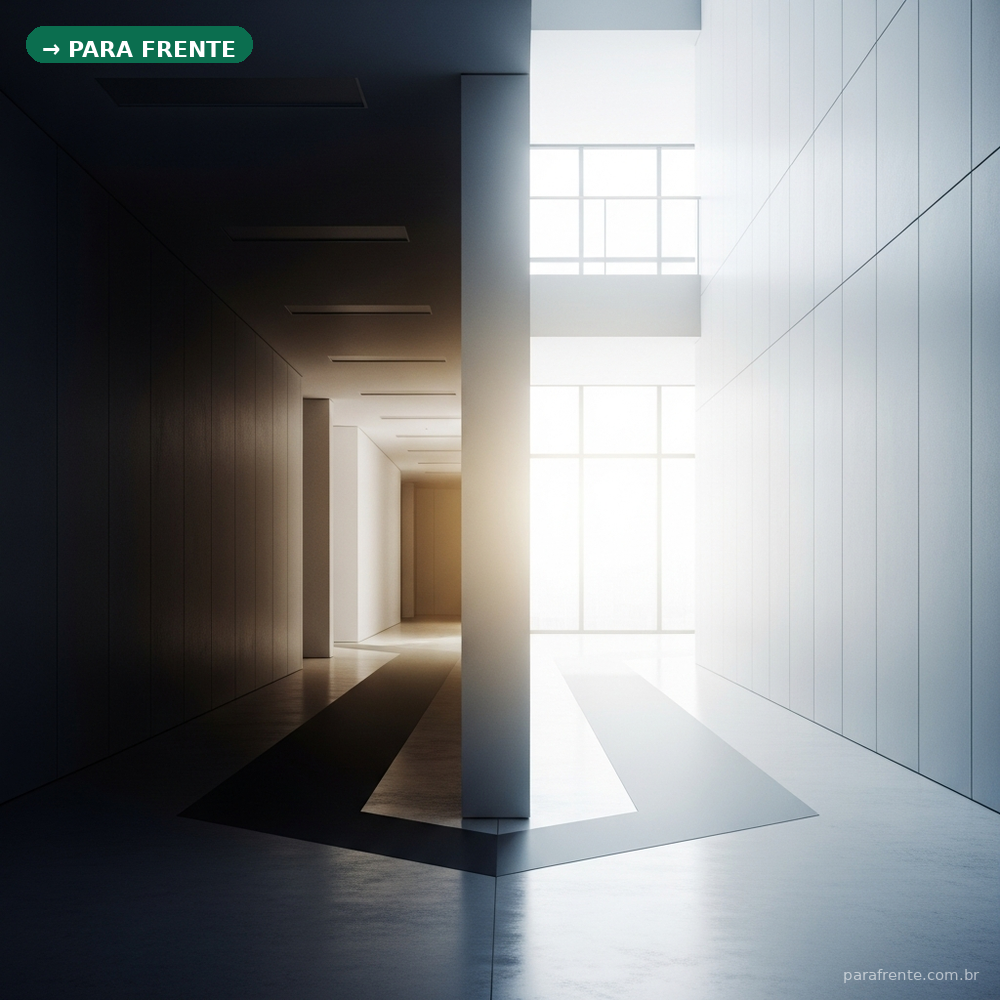 Corredor com dois caminhos divergentes representando uma decisão de carreira — um familiar e escuro, outro iluminado e aberto