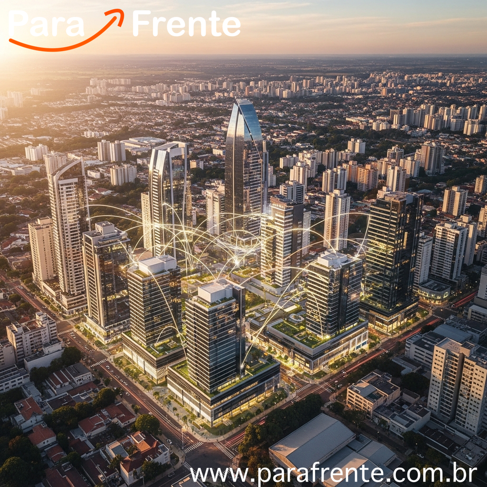 Vista aérea de cidade brasileira com conexões de rede iluminadas representando ecossistema de startups e inovação tecnológica no Paraná