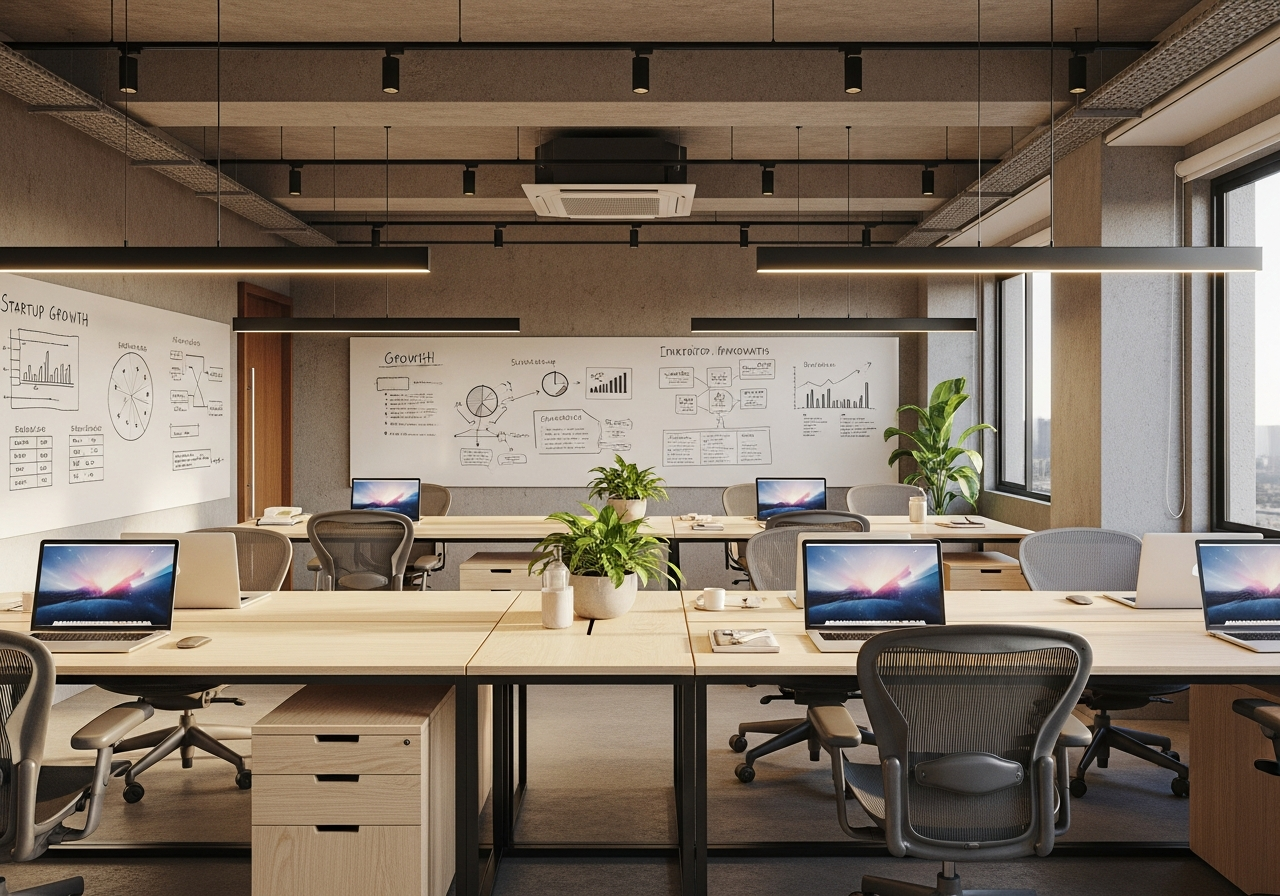 Startups no Paraná: ecossistema de inovação em expansão Espaço de trabalho colaborativo em hub de tecnologia no Paraná, representando o ecossistema de startups em crescimento