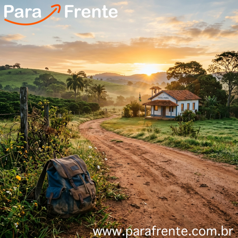 Estrada de terra ao amanhecer levando a uma escola rural, representando os desafios da educação rural e a busca por mobilidade social no Brasil