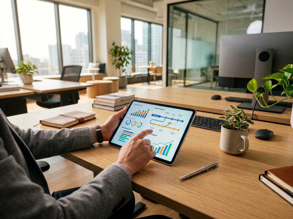 Profissional analisando gráficos de crescimento de carreira, simbolizando preparação para o futuro do mercado de trabalho
