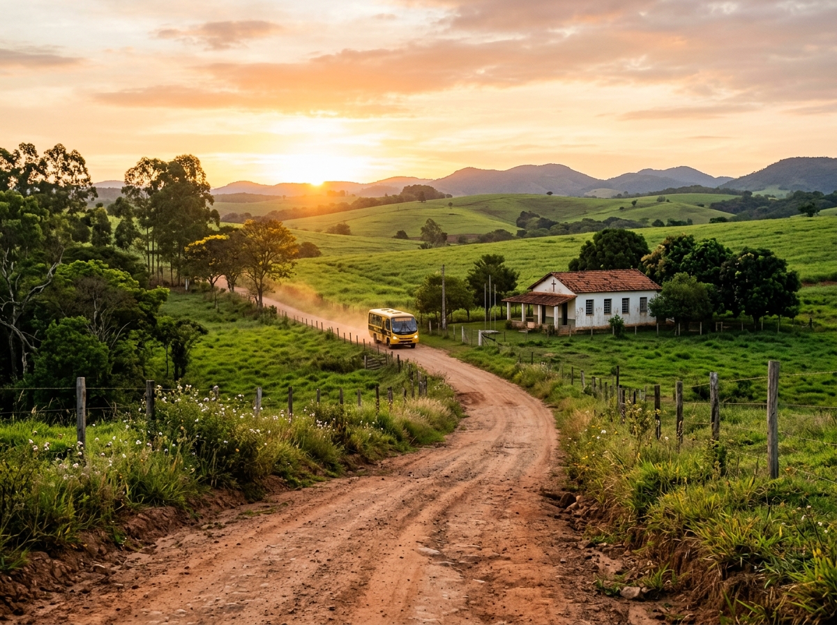 Estrada rural ao amanhecer levando a uma pequena escola no campo, simbolizando os desafios da educação rural no Brasil