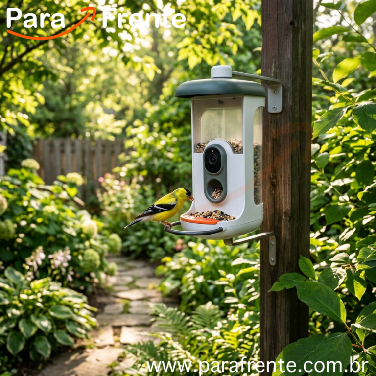 Smart bird feeder com câmera e tecnologia de reconhecimento de pássaros em jardim residencial
