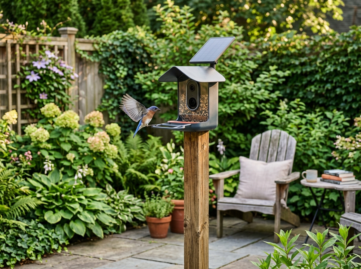 Smart bird feeder em uso doméstico Smart bird feeder com câmera solar instalado em jardim residencial